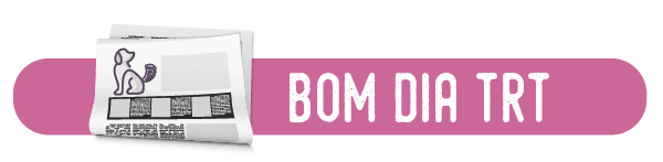 Descrição: cabeçalho Bom Dia TRT. Barra na cor verde-água e texto na cor branca. Do lado esquerdo, a ilustração de um jonalzinho com um cachorro na capa.